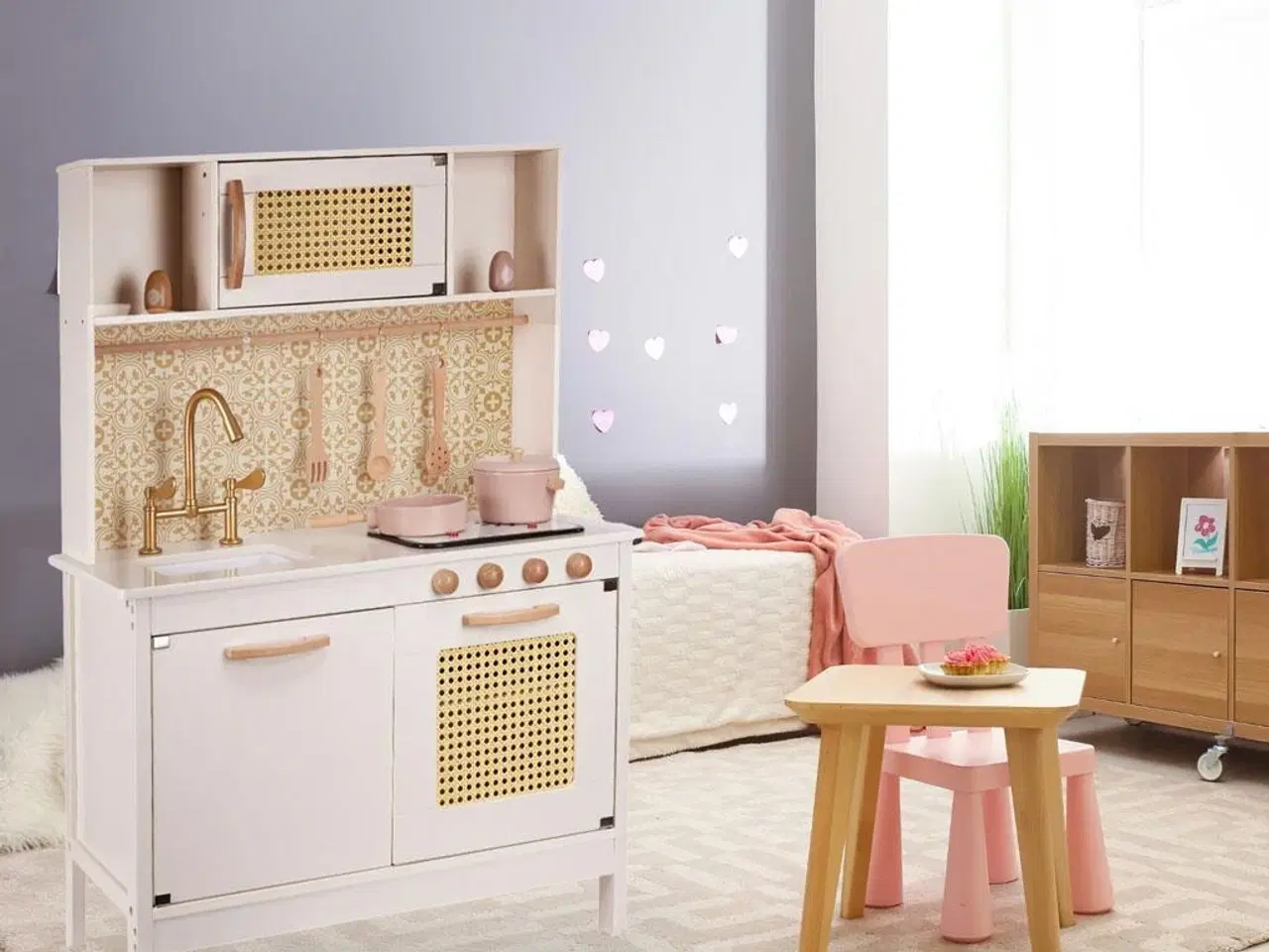 Billede 20 - Legekøkken i træ med retro look og boho tilbehør – MDF, lys og lyd