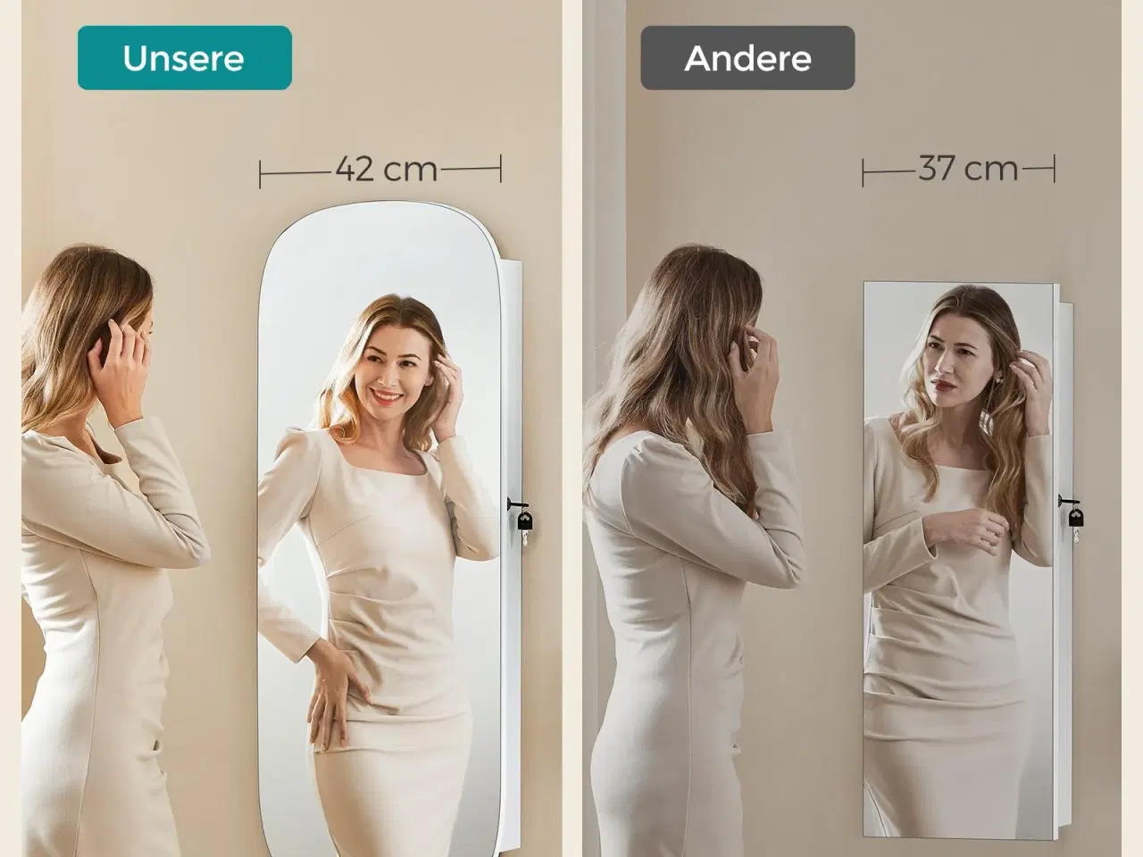 Billede 5 - Smykkespejl med opbevaring væg-/dørmonteret, låsbart, bredt spejl med afrundede hjørner og indvendigt LED-spejl, 10 × 42 × 108 cm, hvid/greige