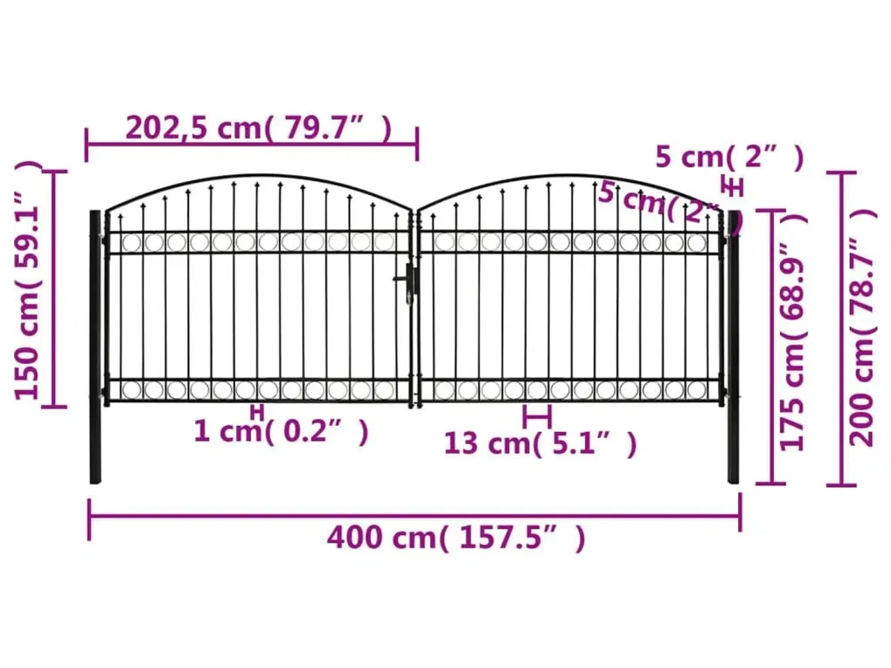 Billede 5 - Hegnslåge med dobbeltdør og buet top stål 400 x 150 cm sort
