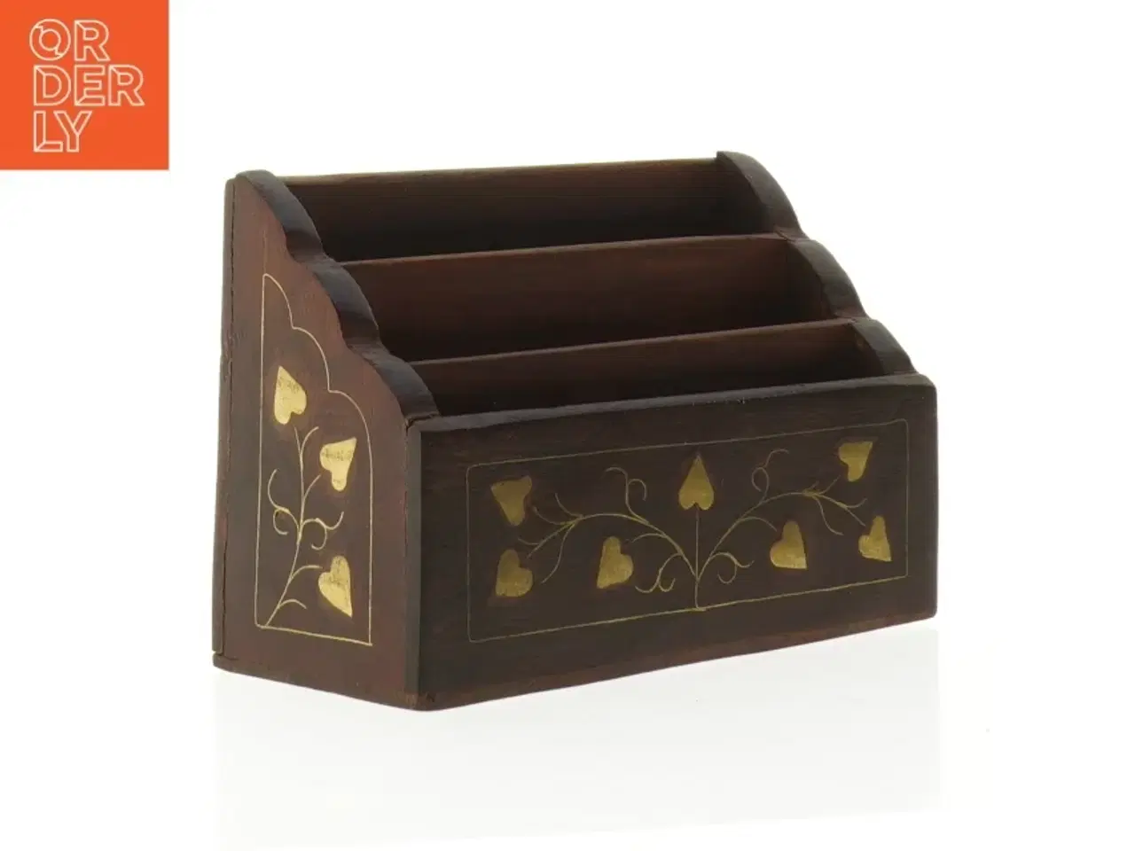 Billede 1 - Træ organisator brevholder med indlæg af guld (str. 15 x 10 x 6,5 cm)