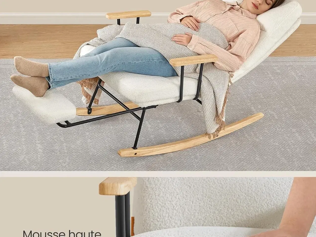 Billede 5 - Gyngestol HOME LYY016W01, justerbar ryglæn i 4 positioner, udtrækkelig fodstøtte, stålramme og gummitræslæbere, plys, 160 kg, cremehvid