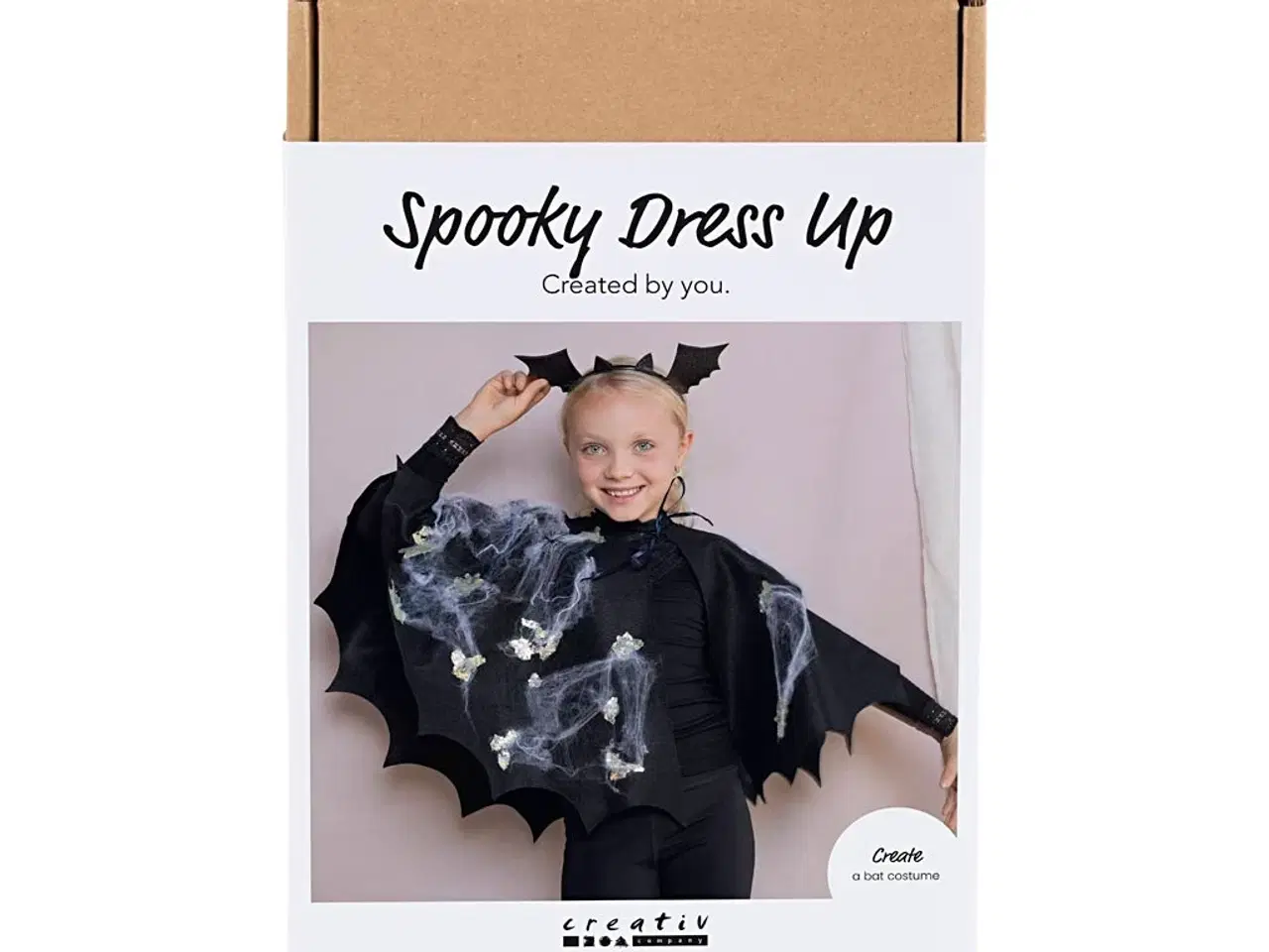 Billede 1 - DIY Kit Spooky Udklædning, Flagermuskappe- og hårbøjle, sort, sort glitter, 1 pk.