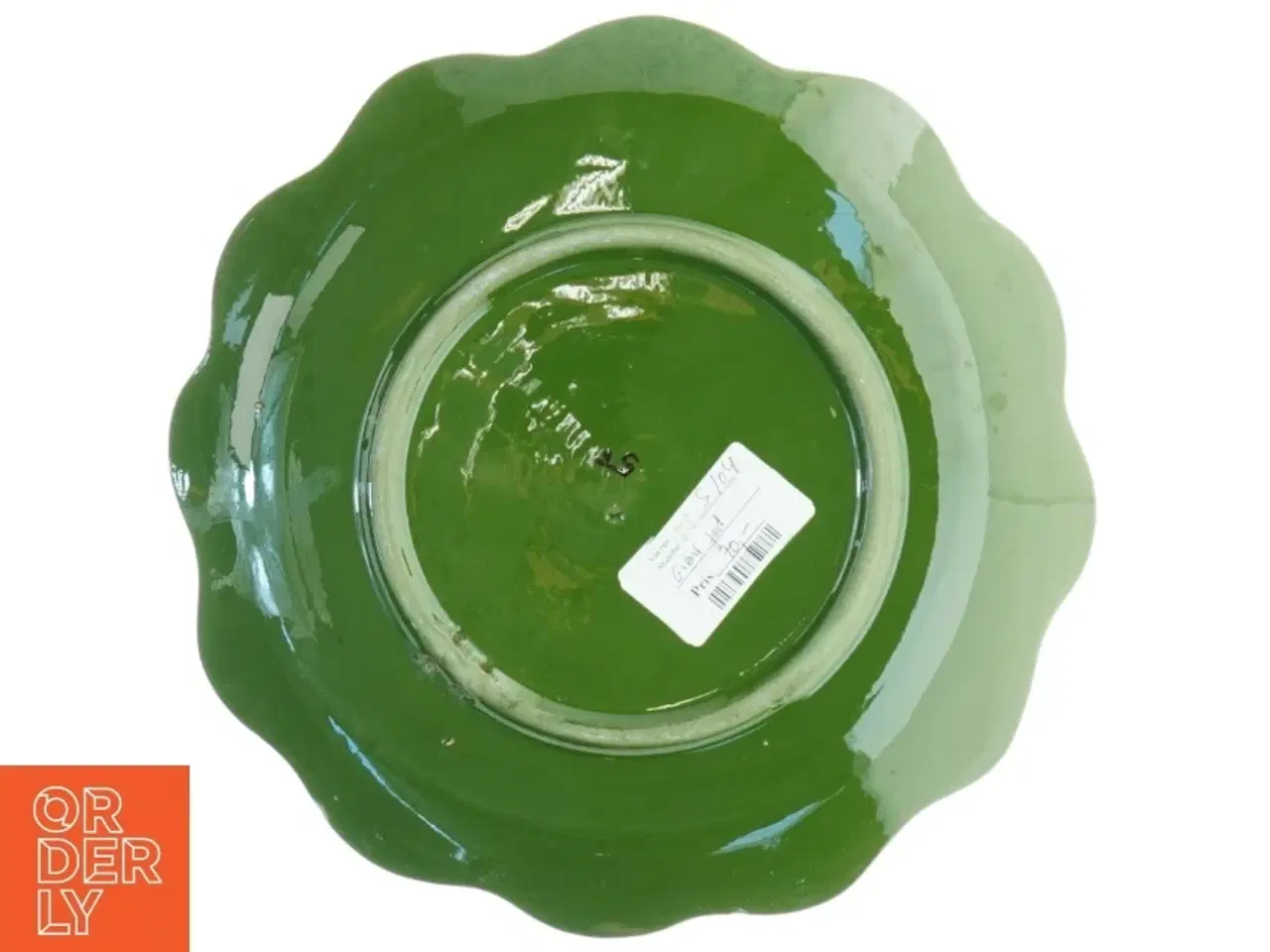 Billede 3 - Grøn keramik fad med dekorative malede motiver (str. O 29 cm)
