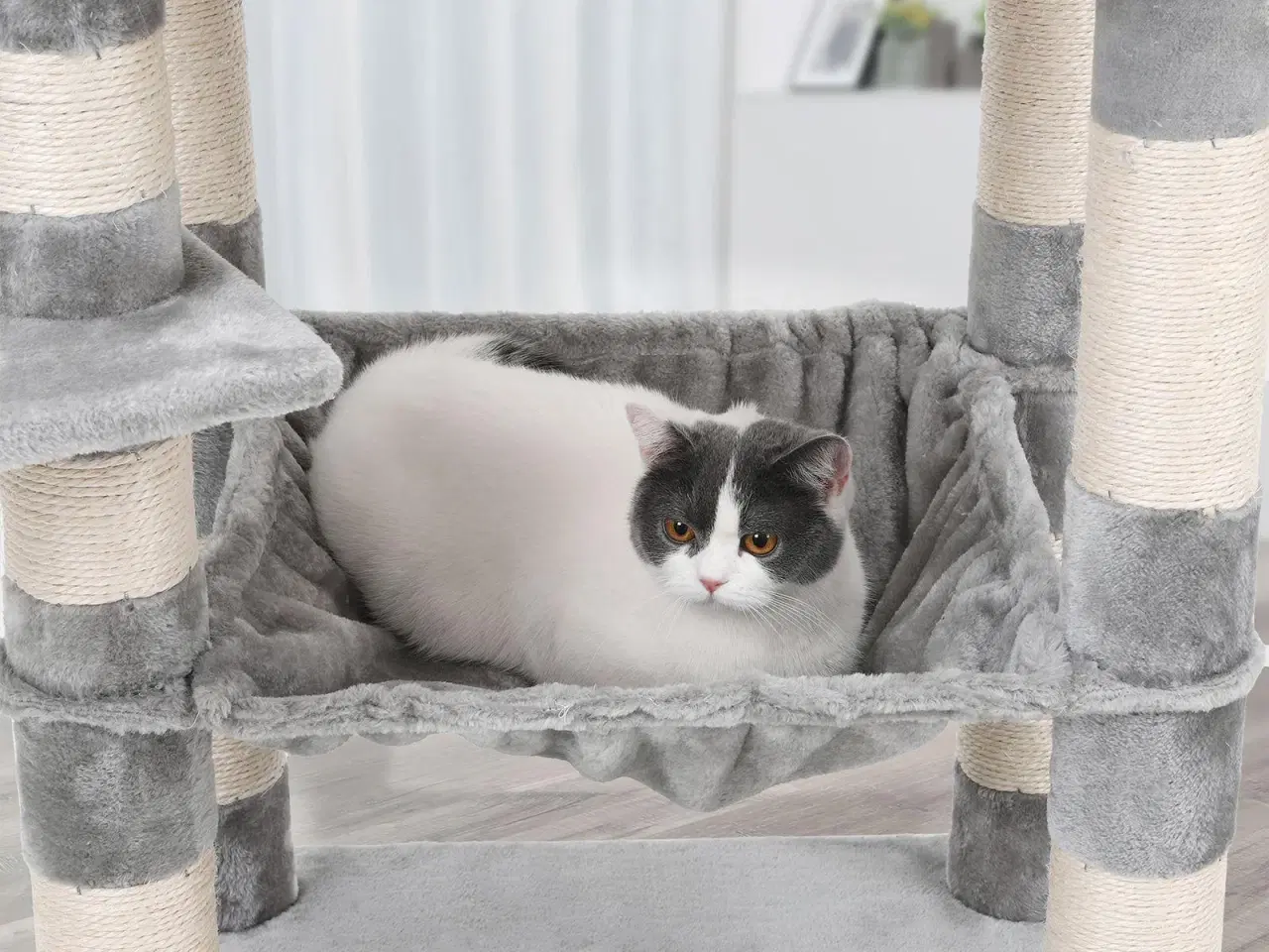 Billede 4 - Klatretræ til kat – FEANDREA kattetræ, 143 cm, lys grå med 2 bløde udsigtsplatforme