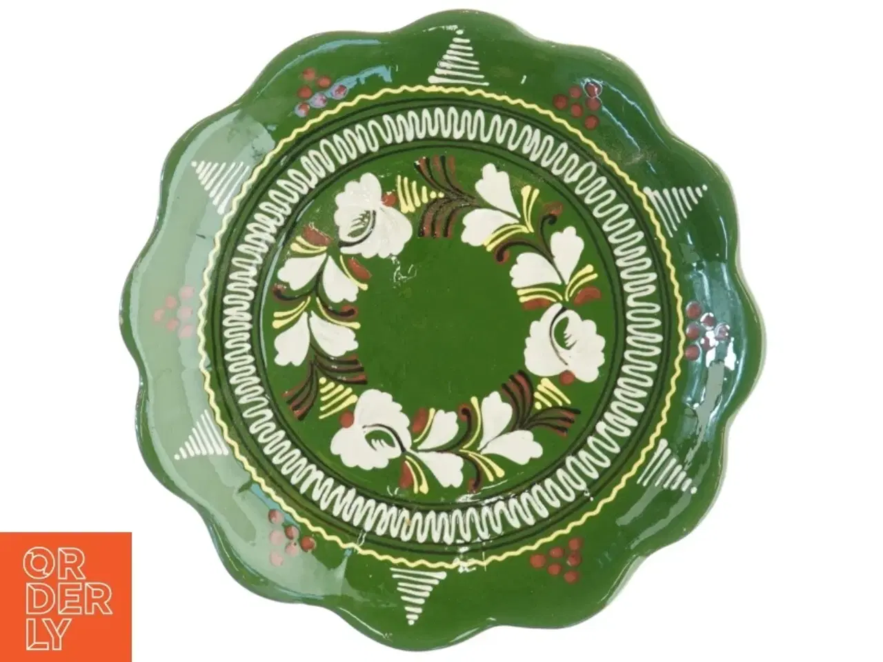 Billede 1 - Grøn keramik fad med dekorative malede motiver (str. O 29 cm)