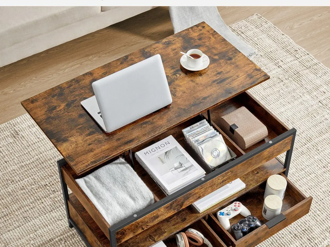 Billede 4 - Sofabord med hæve/sænke-plade skuffer, skjulte rum og åben hylde, rustik brun/sort