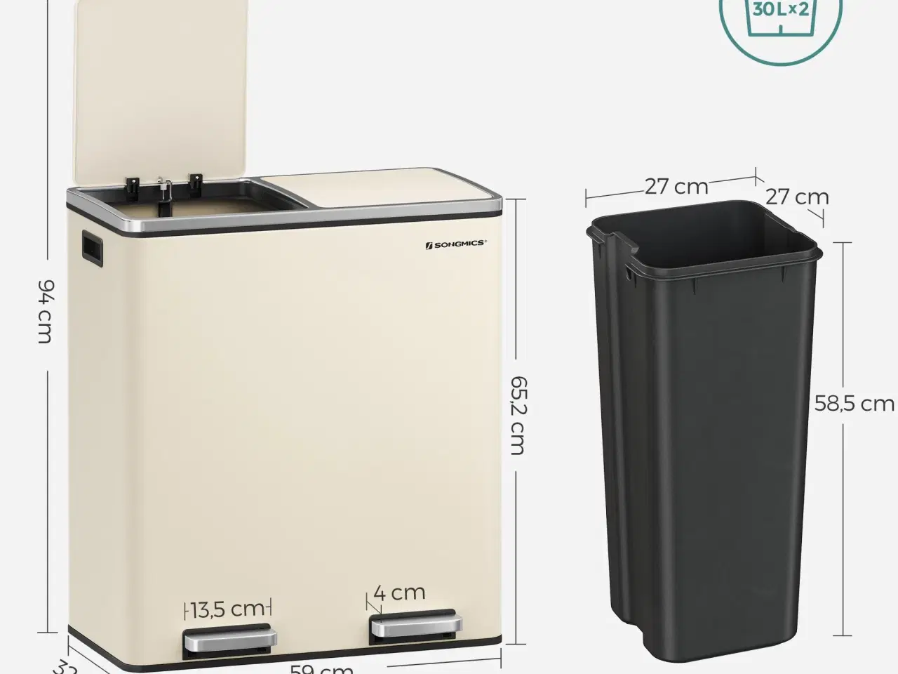 Billede 7 - Skraldespand med to rum 2 × 30 l blød lukning, creme