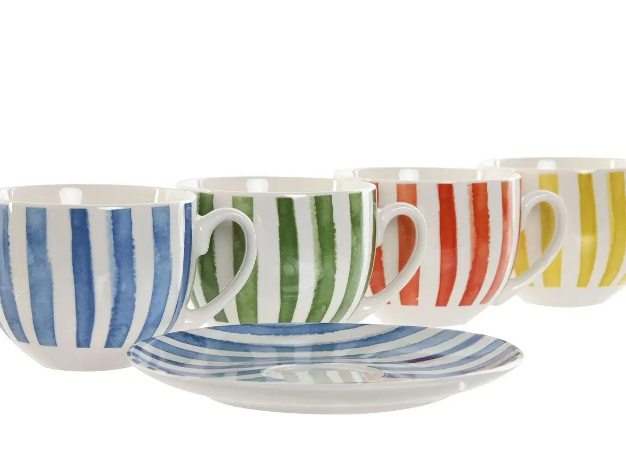 Billede 2 - Sæt med 6 kopper og underkopper - striber, gul/blå/grøn/koral, porcelæn, 240 ml