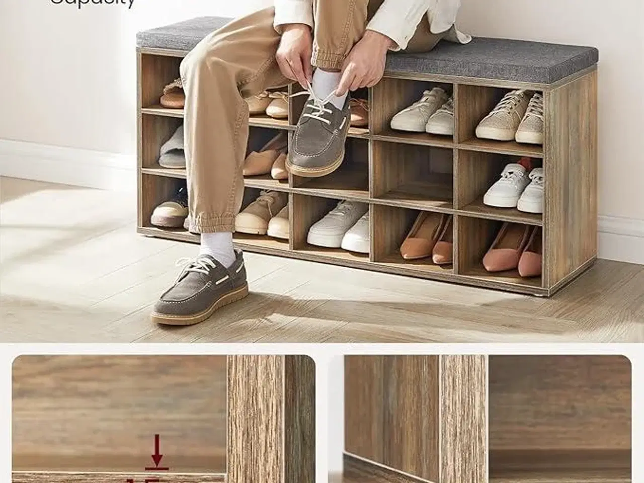 Billede 6 - Skobænk med opbevaring 15 rum, hynde, eg med blå årer/grå, 30 × 105 × 48 cm