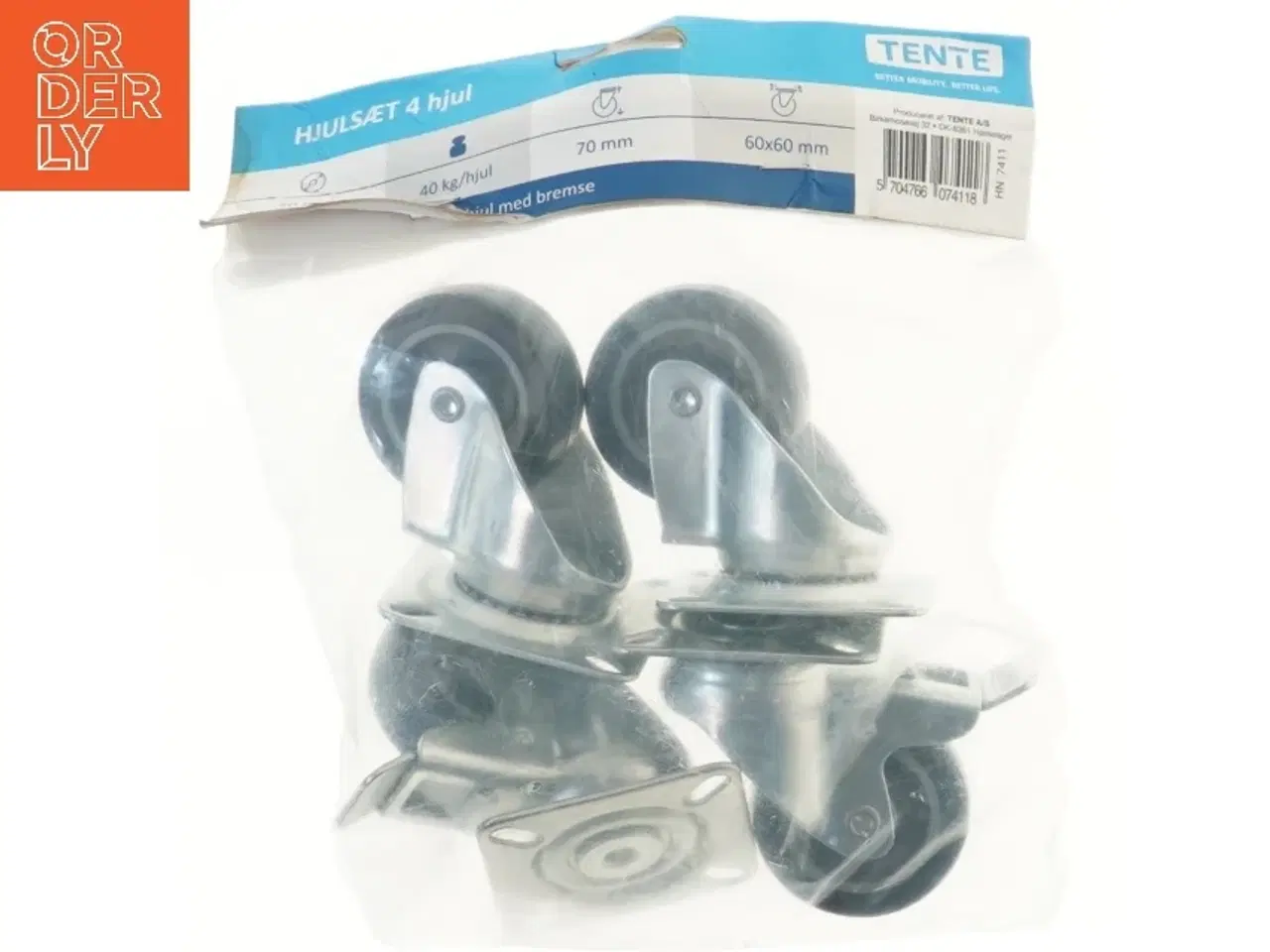 Billede 1 - Hjulsæt med 4 hjul og bremse fra Tente (str. 6x6 cm)
