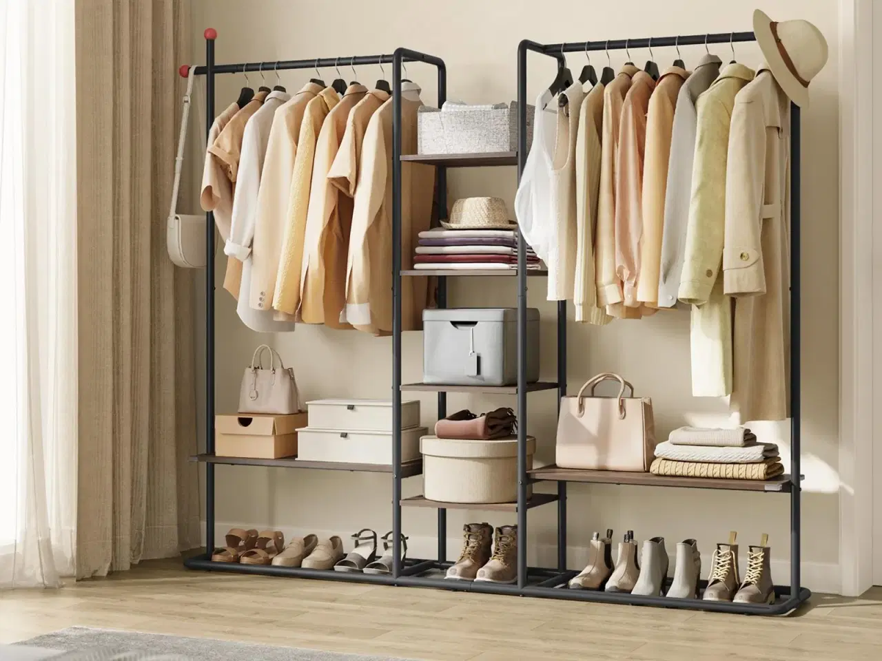 Billede 2 - Tøjstativ med hylder HOME, 2 bøjlestænger, 6 opbevaringshylder, kroge, natur valnød/sort