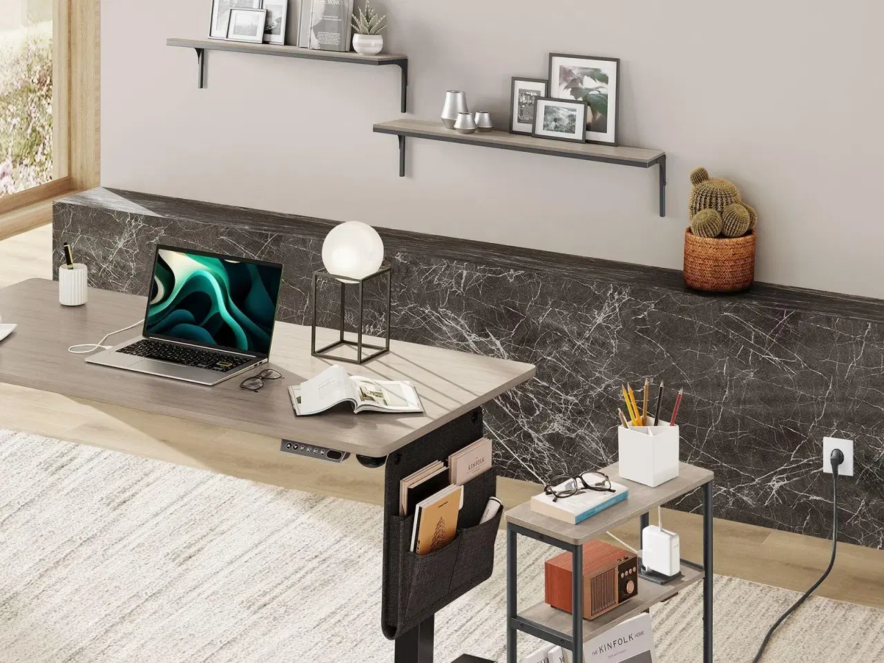 Billede 7 - Sidebord med stikkontakt slankt 3-niveaus sofabord/natbord, magasinholder, Heather Greige/Ink Black