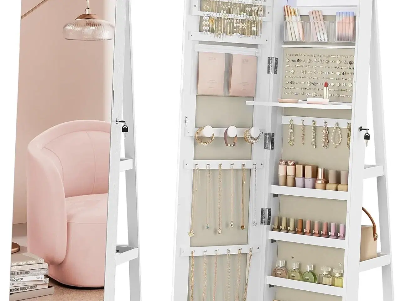 Billede 1 - Spejl-smykkeskab med 6 LED, låsbart – fritstående 360° drejefunktion, rammeløst helkropsspejl, 3 opbevaringshylder – hvid/greige