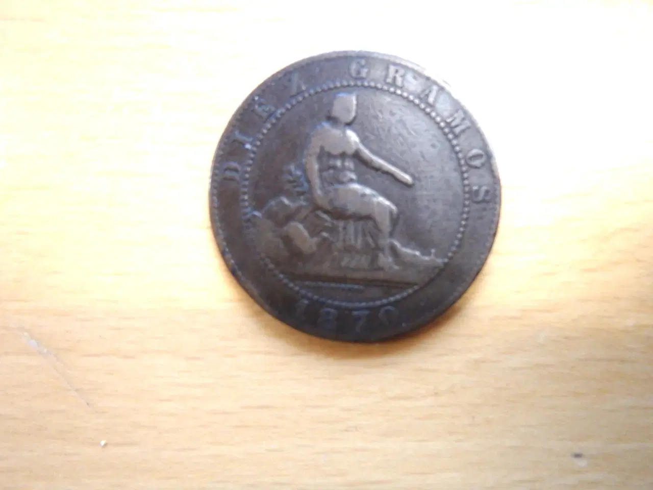 Billede 4 - 1870 Spansk Kobbermønt 10 centimos (pesetas) 