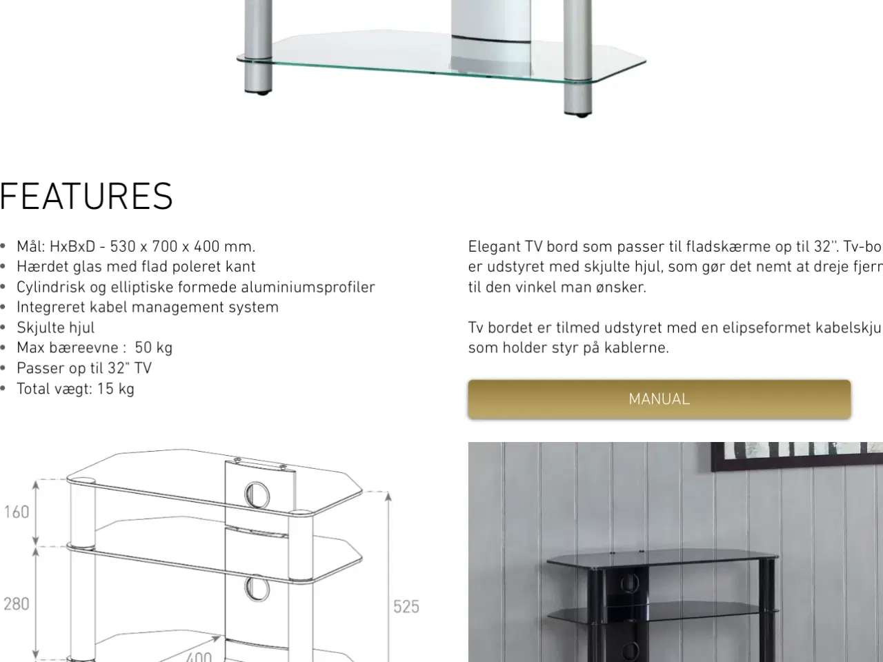 Billede 2 - Tv bord i glas med kabelskjuler - Neo 370-C