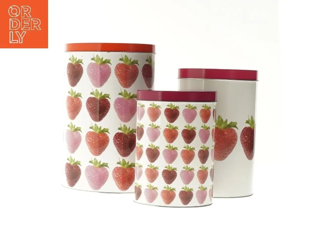 Billede 1 - Sæt med tre opbevaringsdåser med jordbærmotiv fra Modern Living (str. 20cm og 17 cm og 14 cm)