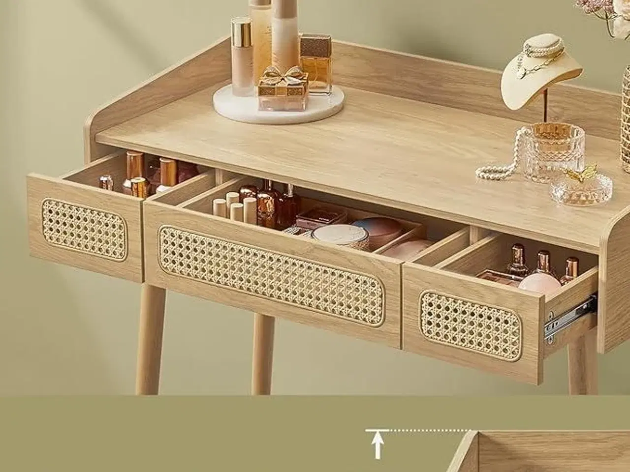 Billede 4 - Toiletbord med spejl og lys HOME BOHOVEN, 3 skuffer, justerbar belysning, boheme, eg beige