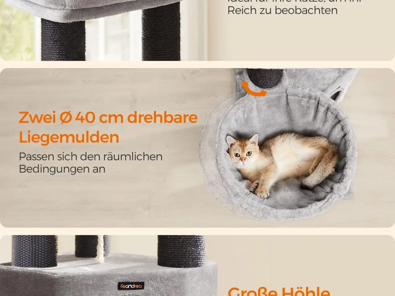 Billede 3 - Kattetræ til store katte – FEANDREA, robust kradsetræ med selvopvarmende puder, 2 selv-plejere, 9 kradsepæle, stor liggeplads, hule og kurve, 50 × 50 × 160 cm, duegrå/sort