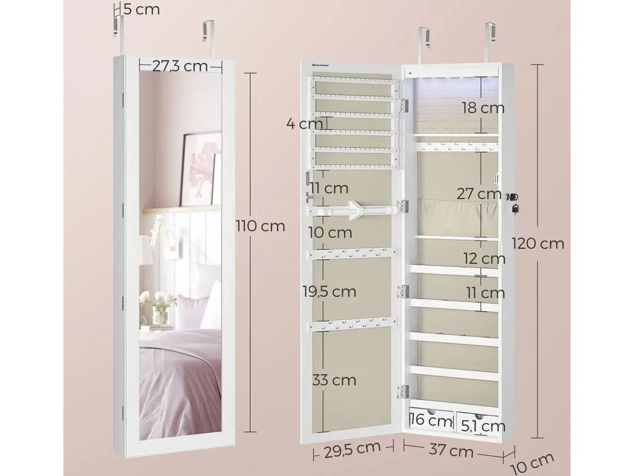 Billede 6 - Smykkeskab med spejl – SONGMICS væg-/dørhængt, låsbart, hvid med træstruktur og beige for, JJC093W01