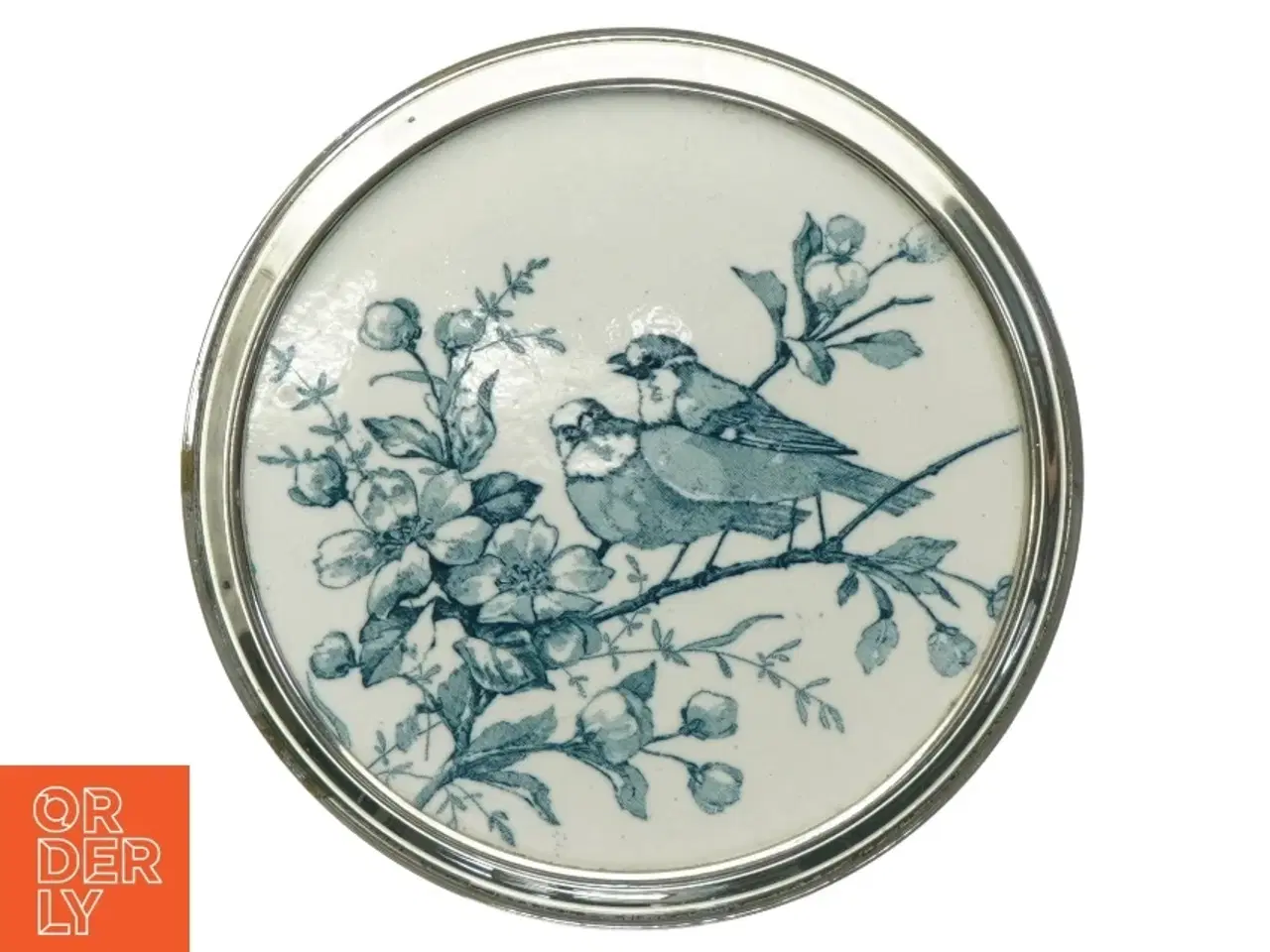 Billede 1 - Porcelænsfad med fuglemotiv i sølvramme på fod (str. Diameter, 17 cm)