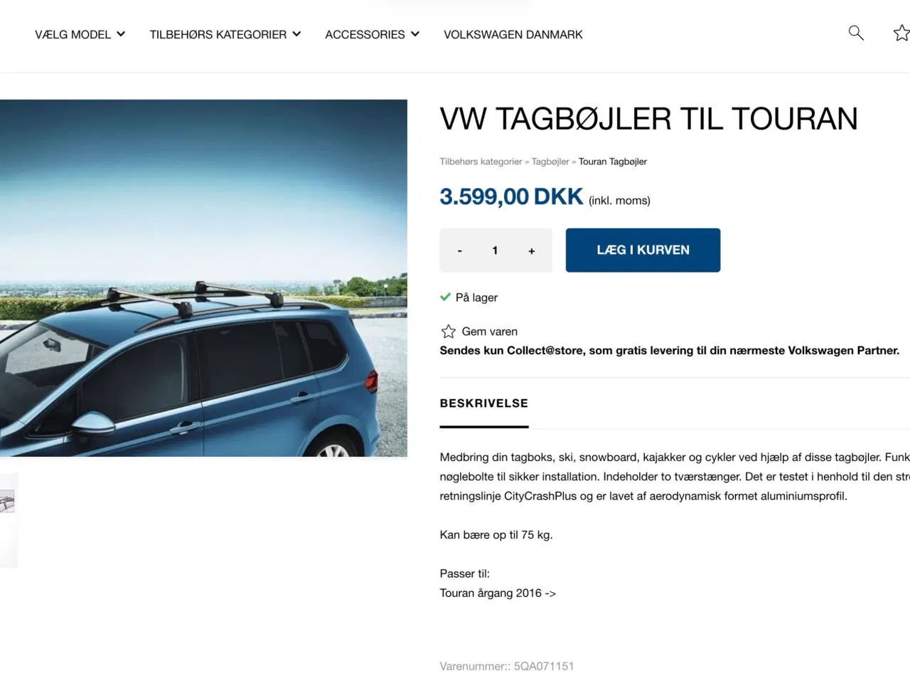 Billede 3 - Originale VW tagbøjler til VW Touran (2016–>)