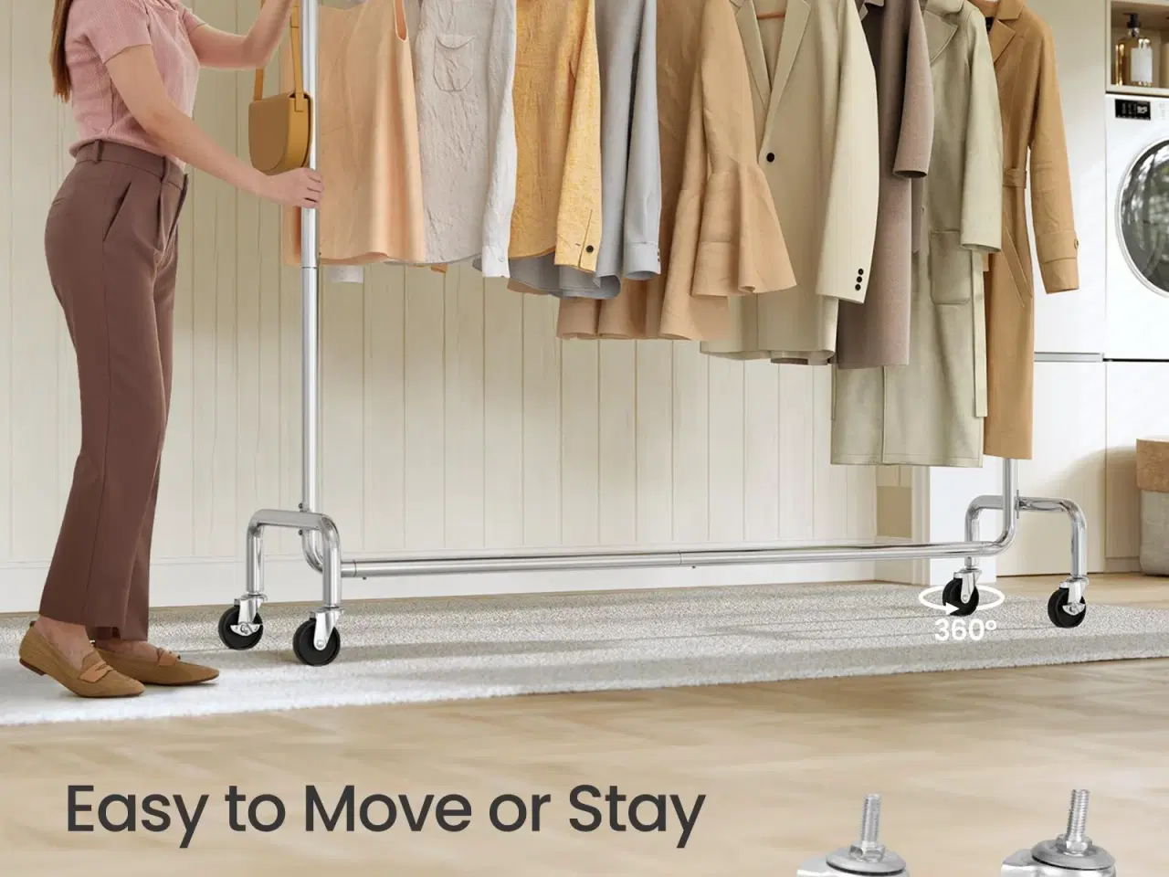 Billede 5 - Tøjstativ på hjul – kraftig udgave med udtrækkelig bøjlestang, 110 kg, 45 × 160–200 × 162,9 cm, forkromet – sølv (HSR176E01)