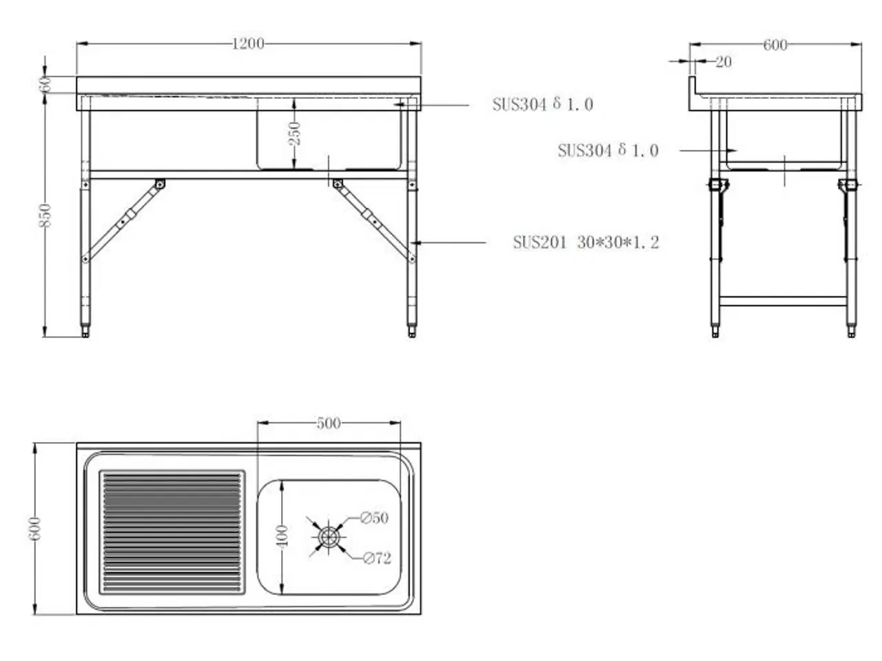 Billede 2 - Stålbord med vask – foldebar – 120x60x91 cm