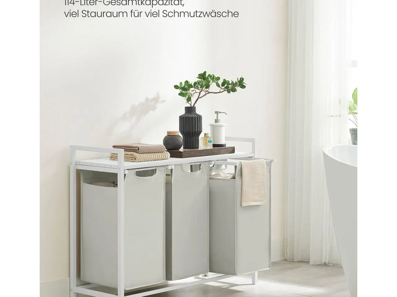 Billede 3 - Vasketøjskurv med 3 rum udtrækkelige poser, hylde, metalramme, 3 × 38 l, 92,5 × 33 × 72 cm, hvid