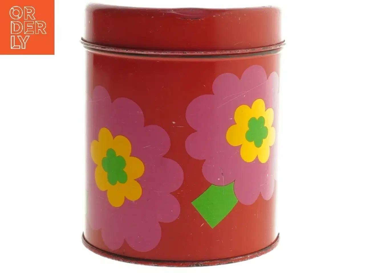 Billede 1 - Retro dåse i metal med blomster fra Lundtofte, Copenhagen Denmark (str. Ø 10,5 cm højde 13 cm)