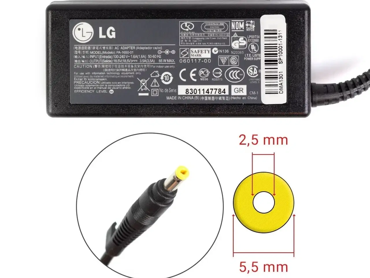 Billede 1 - LG 65W 18.5V 3.5A strømforsyning med 4.5mm x 3.0mm stik - Original