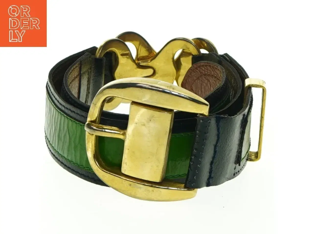 Billede 2 - Grønt læderbælte med guldfarvet spænde (str. Længde. 93 cm. b 4 cm)