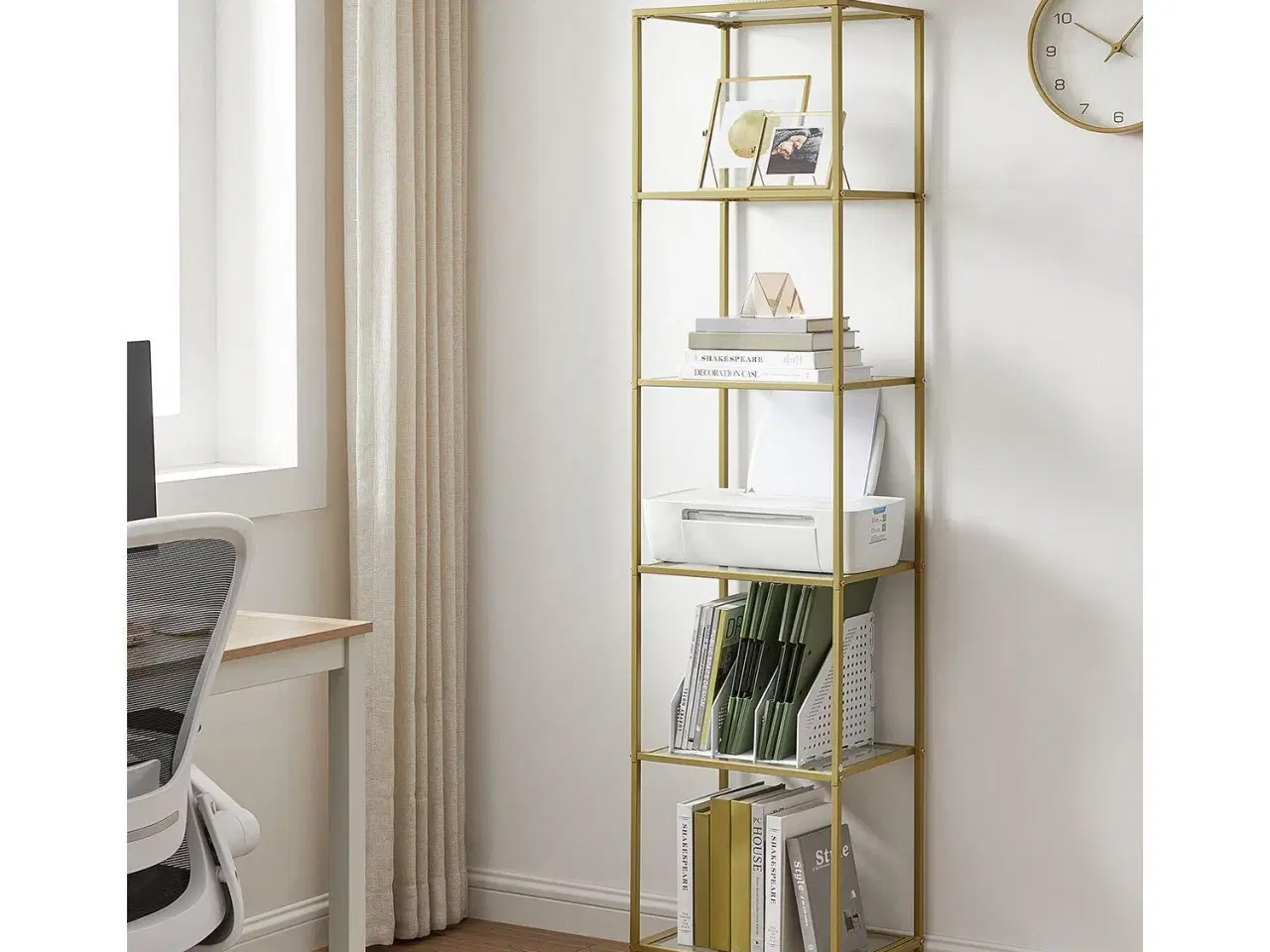 Billede 2 - Bogreol med 6 hylder slank reol i hærdet glas og stål, metallic guld (LGT500A01)