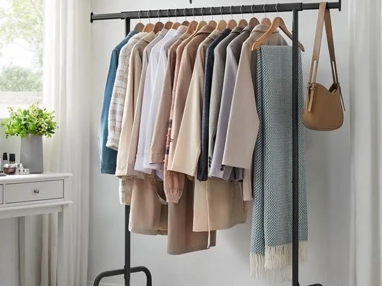 Billede 2 - Tøjstativ med hjul kraftigt, udtrækkelig bøjlestang, 130 kg bæreevne, 45 × (110–150) × 163 cm, mat sort