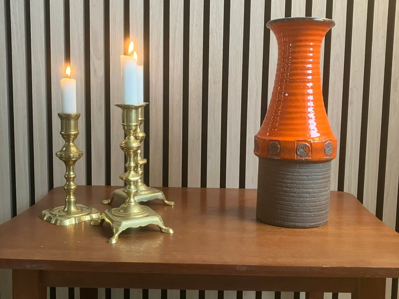 Billede 1 - Orange og brun stentøjsvase