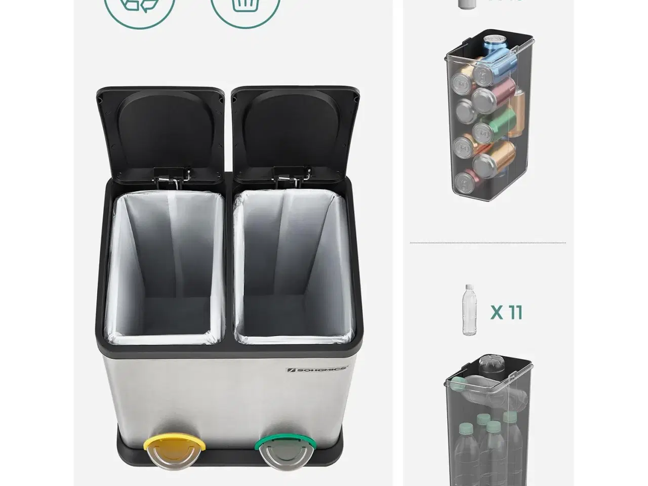 Billede 4 - Skraldespand med pedal 30 l affaldssortering 2 x 15 l, sølv/sort