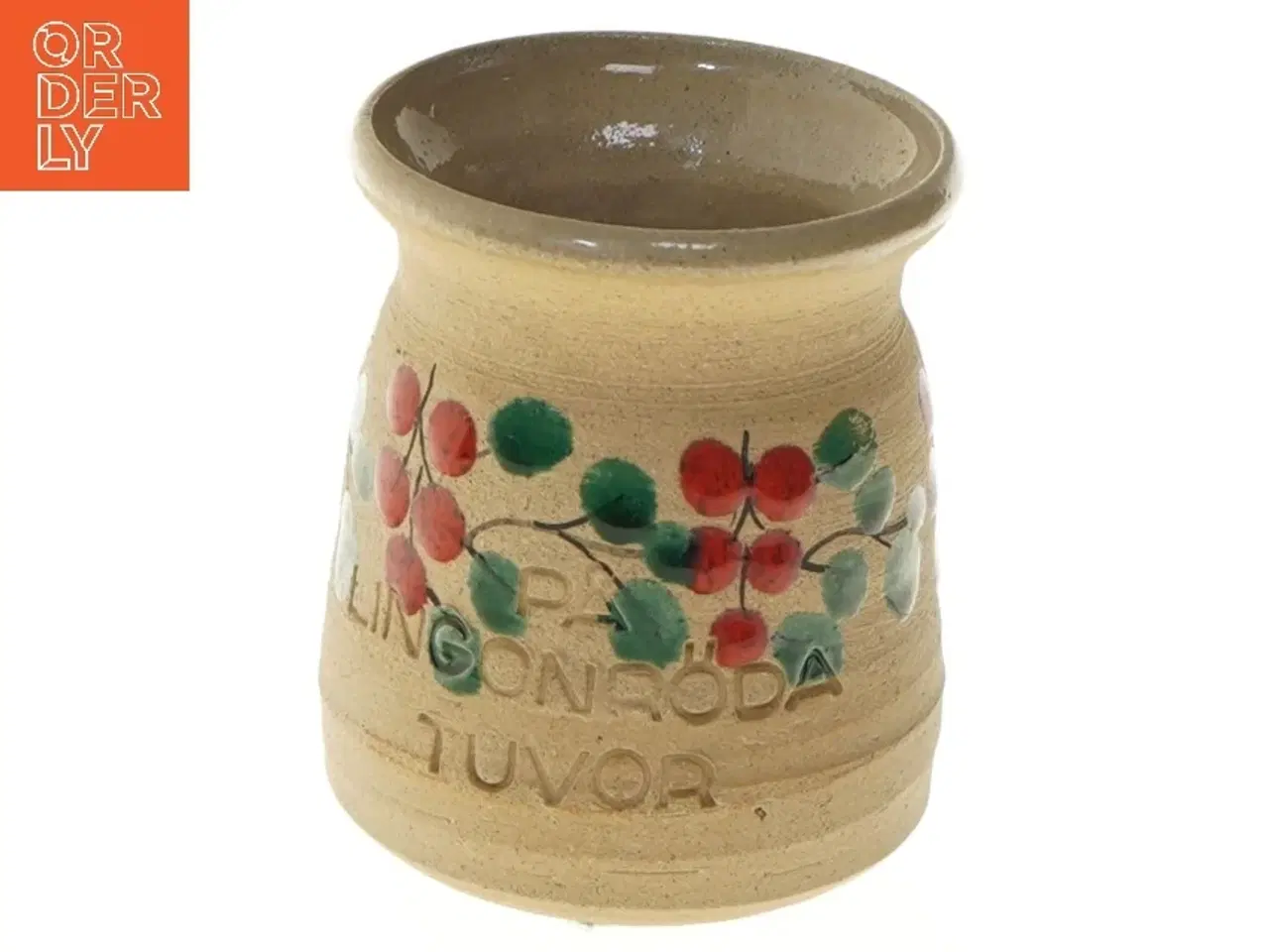 Billede 1 - Dekorativ krukke med bærmotiv (str. Ø 8 cm længde 9,5 cm)