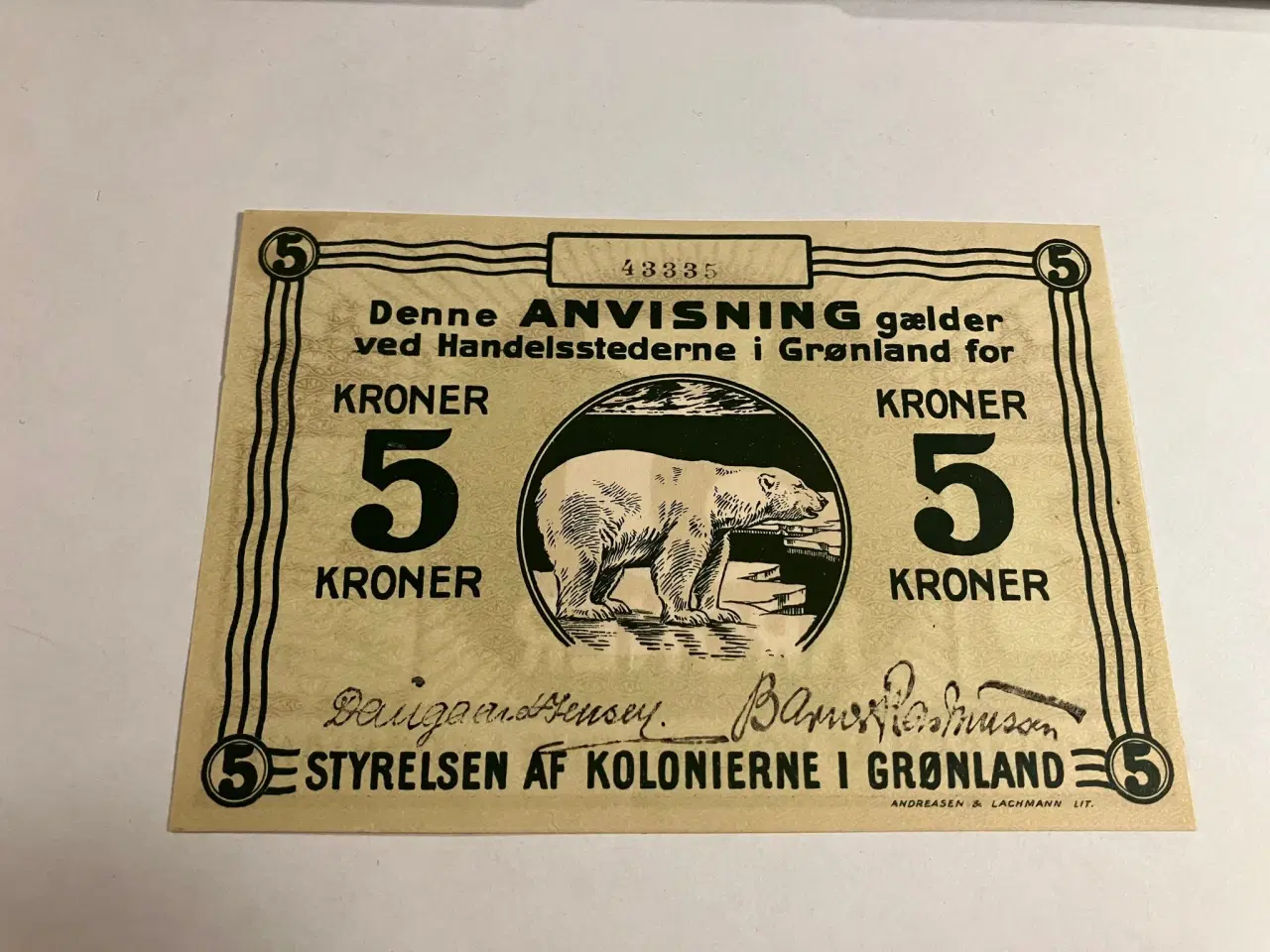 Billede 1 - 5 kroner anvisning Grønland 1913