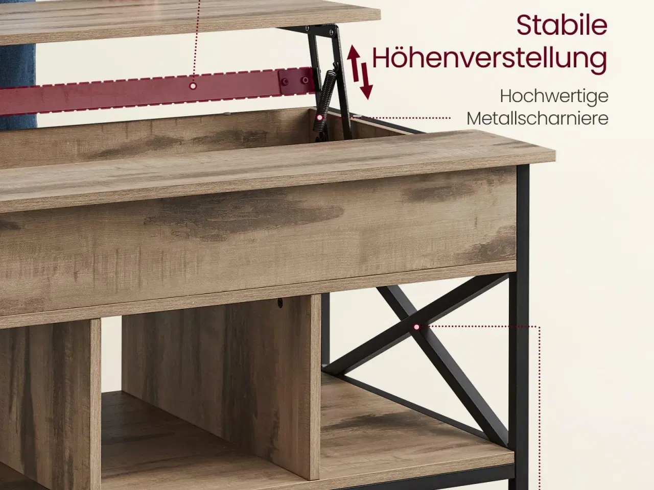 Billede 5 - Sofabord med løftelåg højdejusterbart, åben og skjult opbevaring, X-stivere, 60 × 100 × 48–62 cm, kamelbrun/sort