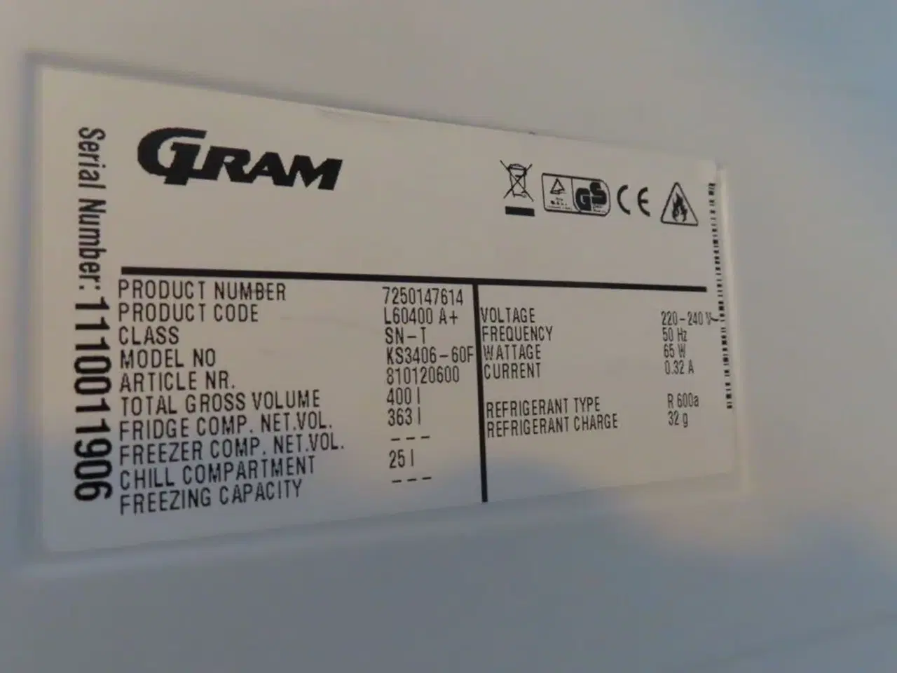 Billede 4 - Køleskab GRAM L60400 A+