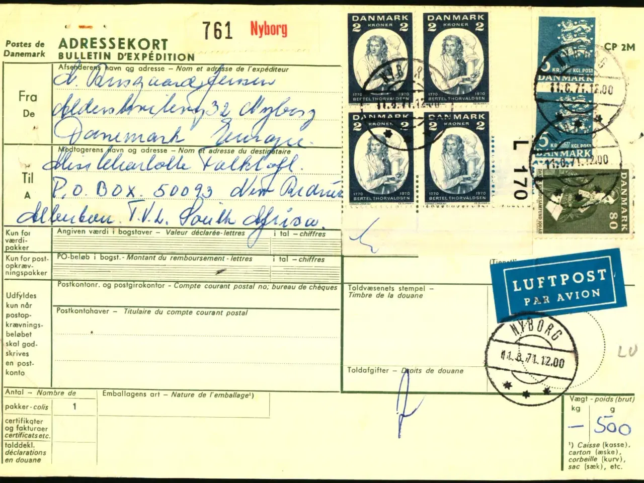 Billede 1 - Luftpost - Internationalt Adressekort for luftpakke til Syd Afrika fra Danmark - 11 - 8 - 71