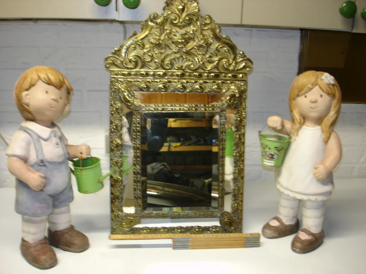 Billede 1 - Antik Messing på træ facet slebet spejl