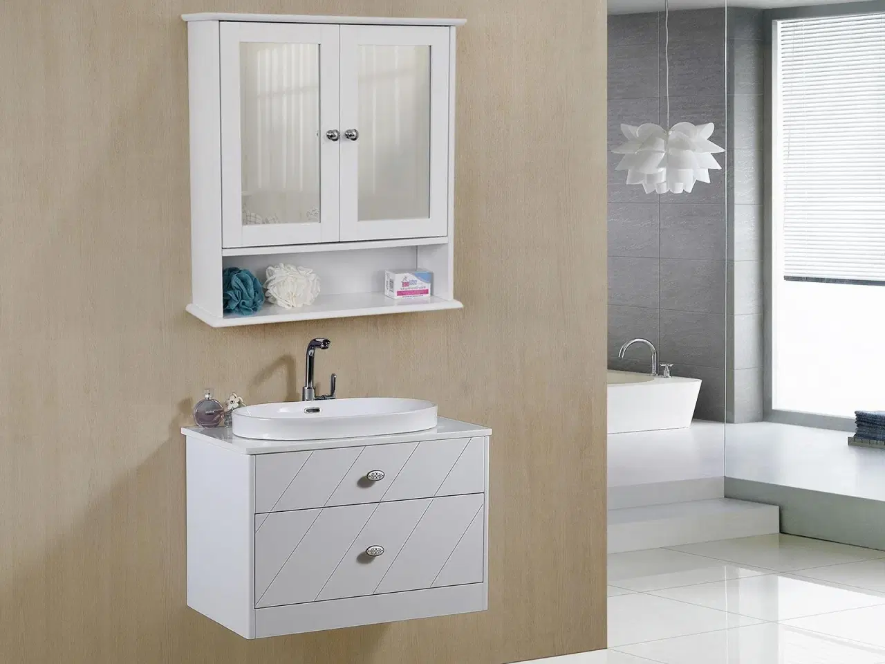 Billede 4 - Spejlskab til bad – VASAGLE, dobbeltlåger, væghængt, hvid, 56 × 13 × 58 cm