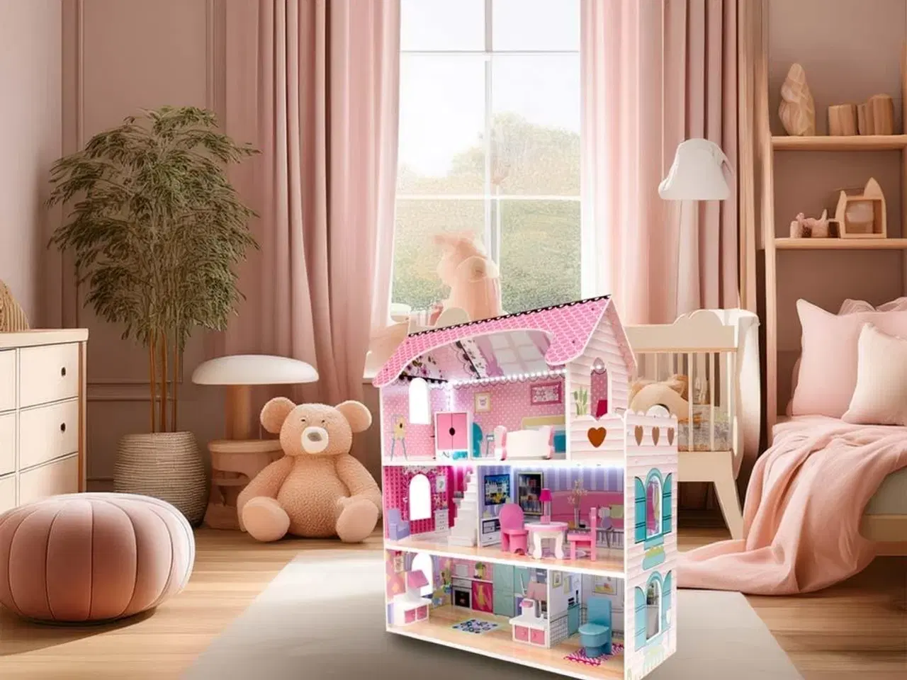 Billede 3 - Dukkehus i træ med møbler 70 cm – pink med LED