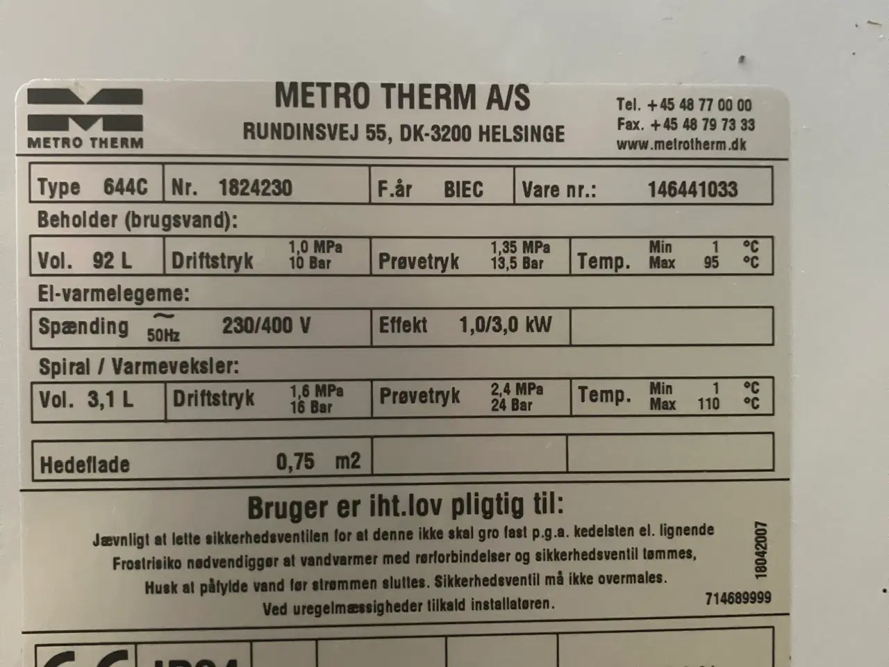 Billede 3 - 110L Metro kombi varmtvandsbeholder
