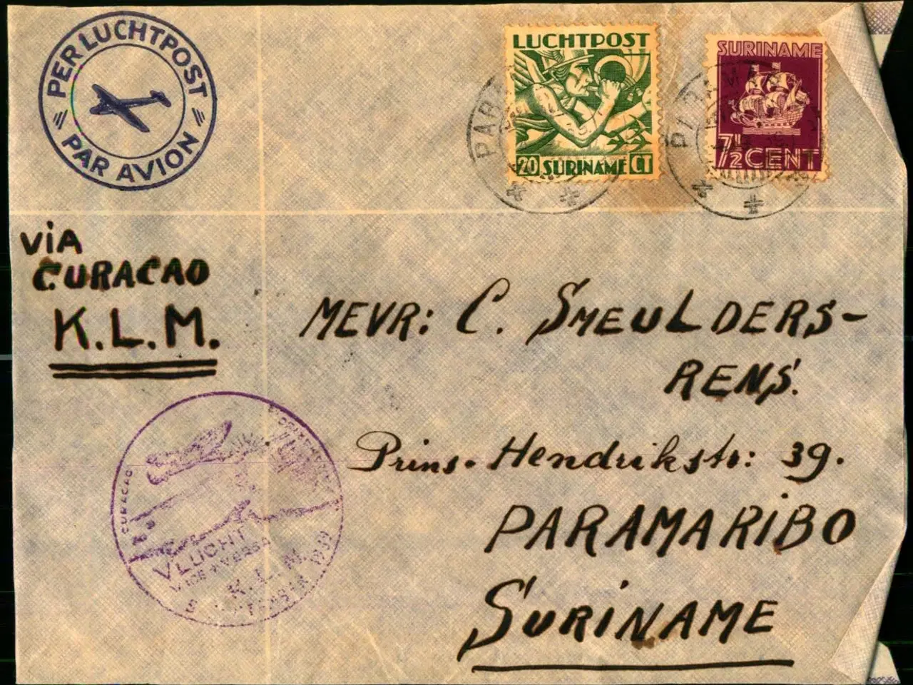 Billede 1 - Luftpost Brev fra Suriname - 21 - 9 - 1939
