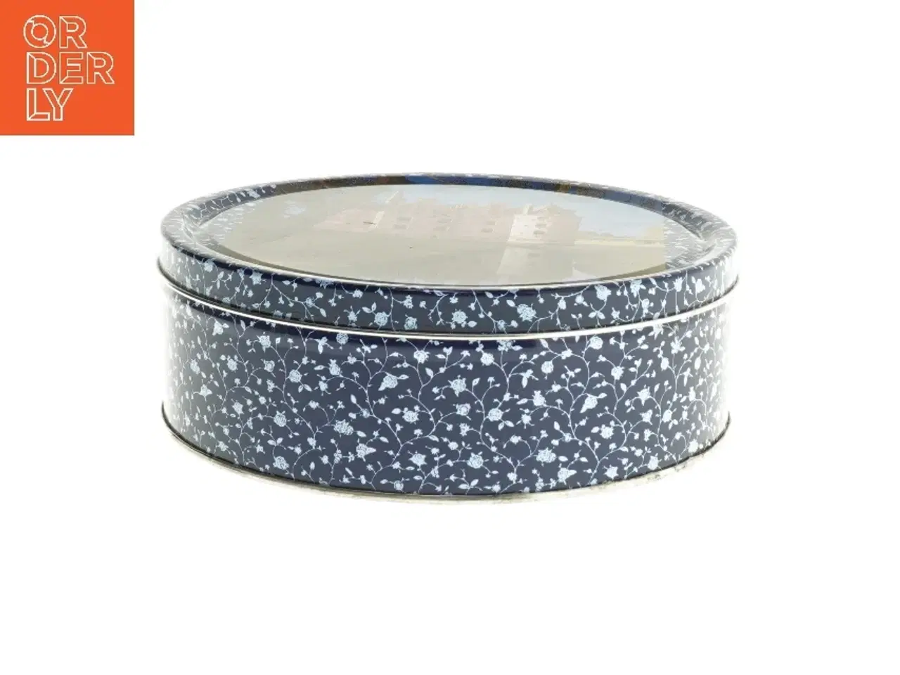 Billede 1 - Rund metaldåse med blomstermønster (str. Ø 19,5 cm længde 6,5 cm)
