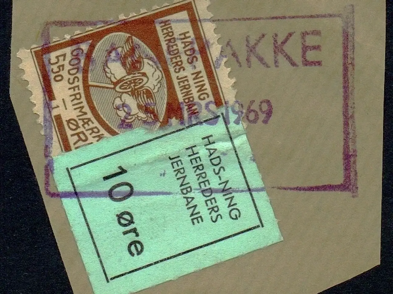 Billede 1 - Hads - Ning Herreds Jernbane - Godsfrimærke Klip med 550 og 10 Øre - Stemplet