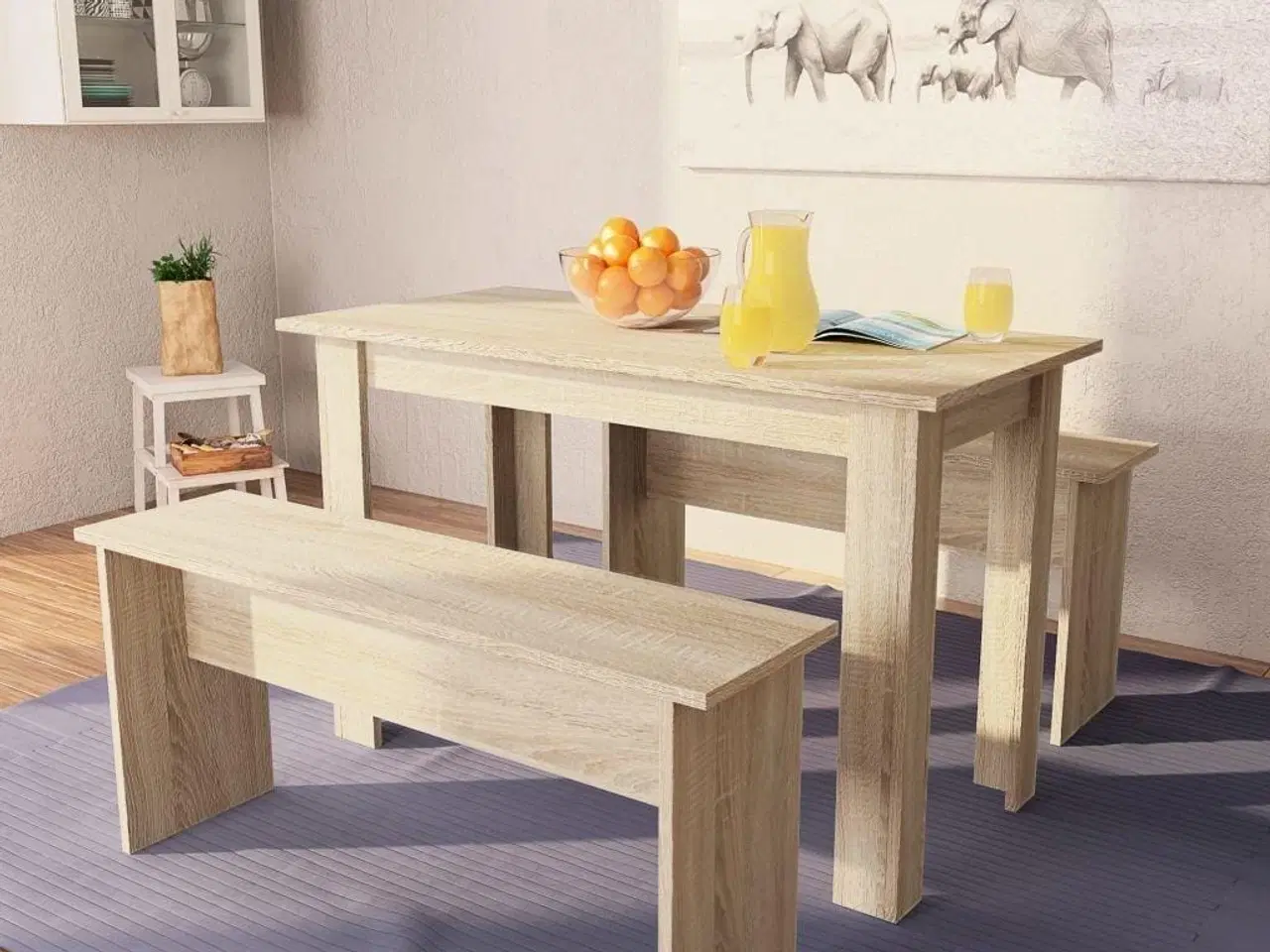 Billede 1 - Spisebord og bænke 3 dele konstrueret træ egetræsfarvet