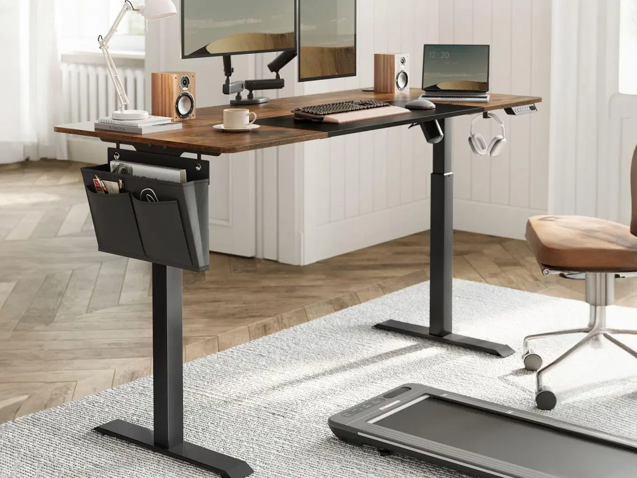 Billede 2 - Hæve-sænke skrivebord SONGMICS, 70 × 160 × 72–120 cm, delt bordplade, hukommelsesfunktion, vintage brun/sort