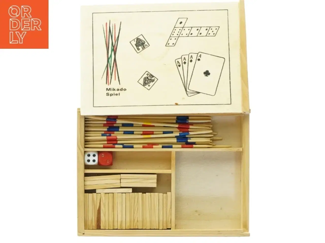 Billede 1 - Træspilæske med mikado og dominospil (str. 19 x 14 cm)